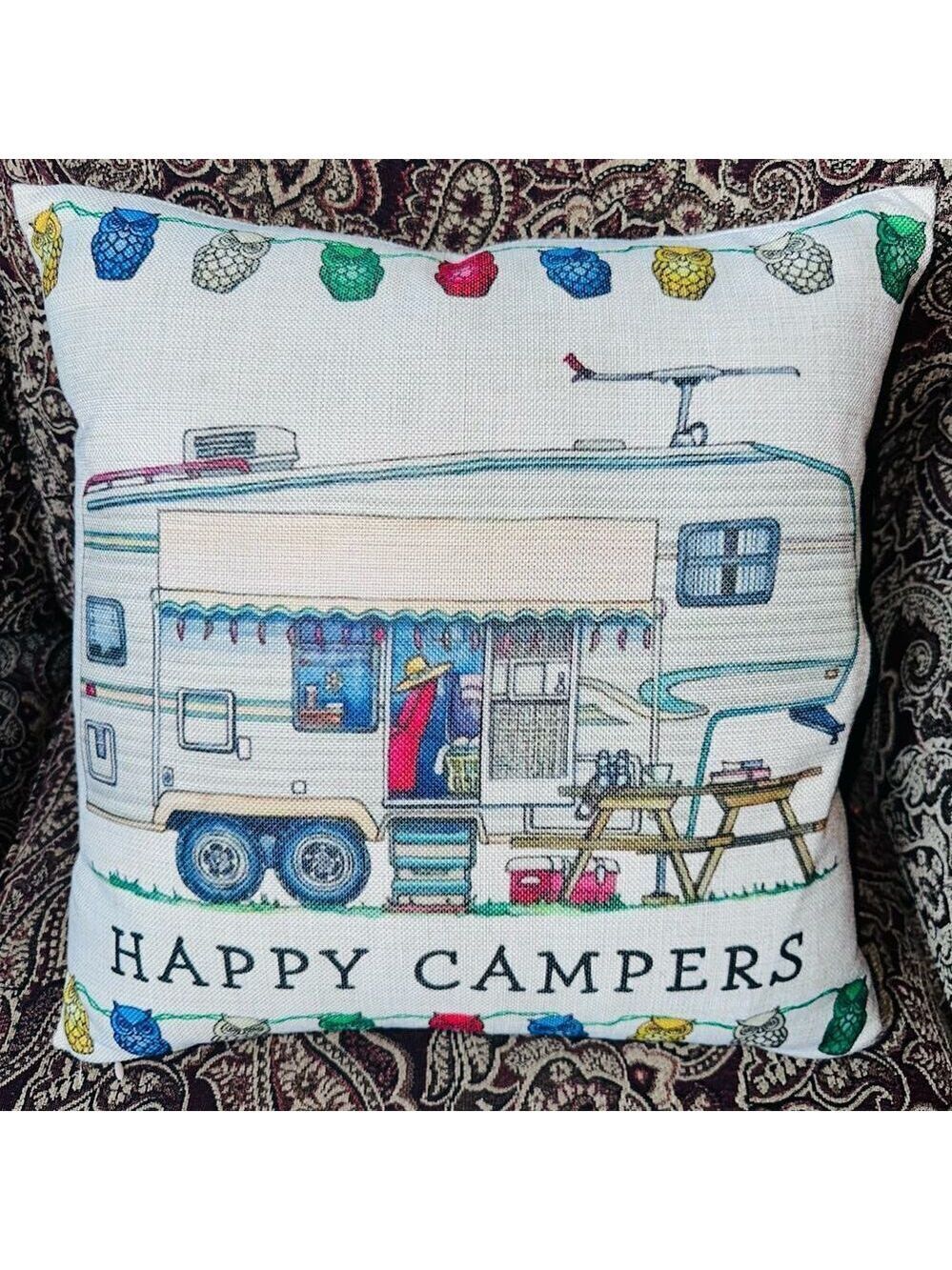 NWOT Happy Campers Linen Throw Pillow Camping RV Motorhome